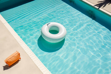 Fototapeta na wymiar High Angle View of an white inflatable ring floating in the swimming pool without people during the summer vacation, Hotel or Summer House. Illustration. Generative AI