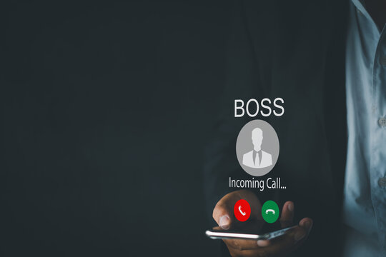 Incoming Call,eminder notification,Social Media concept.,Businessman looking to smartphone with Phone call from boss interface ovr black background use for technology,Communications,scammer idea.