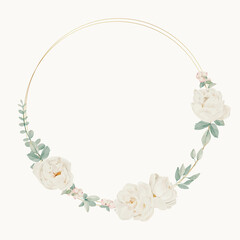 Fototapeta premium Vector Floral Wreath. DIY gold border with white flowers, snow berries and leaves. Elegant botanical frame isolated on white background.