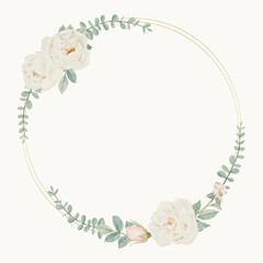 Vector Floral Wreath. DIY gold border with white flowers. Botanical Frame with Flowers and Leaves. Elegant wedding decoration isolated on white background.