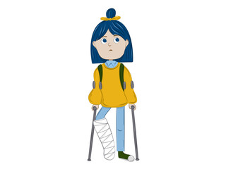 A sad teenage girl at full height with a broken leg in a plaster cast uses crutches. Illustration isolated on white background.