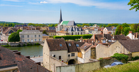 View of the church of Saint John the Baptist in Nemours, a small town in the south of the Seine et...