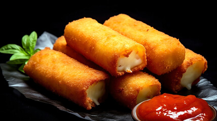Cheese sticks, Breaded and fried mozzarella sticks.
