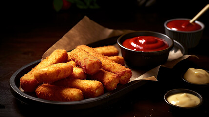 Cheese sticks, Breaded and fried mozzarella sticks.