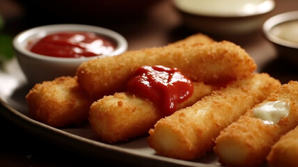 Cheese sticks, Breaded and fried mozzarella sticks.