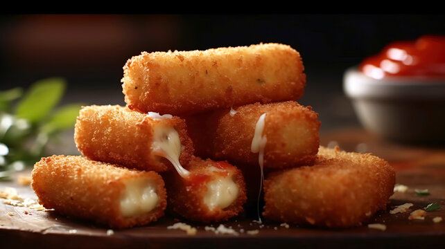 Cheese sticks, Breaded and fried mozzarella sticks.