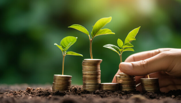 Discover the power of investment with a hand placing coins on a stack, as a plant grows from the money. Explore the concept of funding environmentally friendly projects through bonds