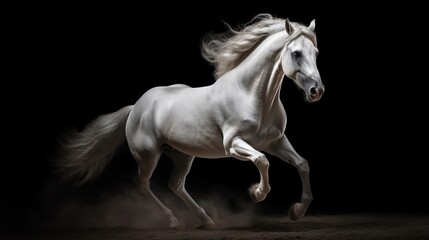Obraz na płótnie Canvas a white horse is galloping in the dark with dust. generative ai