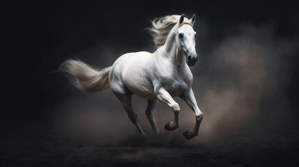 Naklejka na ściany i meble a white horse is galloping in the dark sky with dust behind it. generative ai