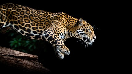 Fototapeta na wymiar a large leopard walking on a tree branch in the dark. generative ai