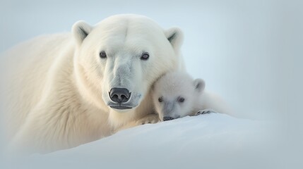 Obraz na płótnie Canvas a polar bear and her cub are cuddling together in the snow. generative ai