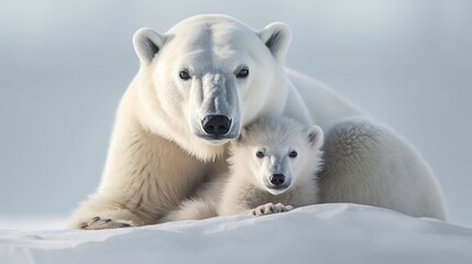 Obraz na płótnie Canvas a mother polar bear and her two cubs in the snow. generative ai