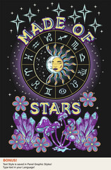 Fototapeta premium Poster with zodiac wheel, sun eclipse, mushrooms, stars, crystals of gemstones, flowers, editable text style. Concept of sacred spirit, extended mind. Magic, mystical surreal illustration. Retro style