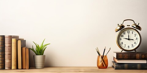 Alarm Clock and Stacked Books on Wooden table in house