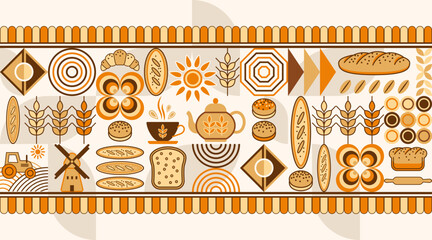 Bread, bakery themed background with icons, design elements in simple geometric style Seamless pattern with abstract shapes Good for branding, food package, cover design, decorative print