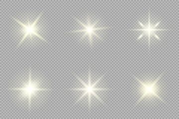 Set of Vector  yellow glowing sparkling stars.  Shine glitter stars. Vector lights.