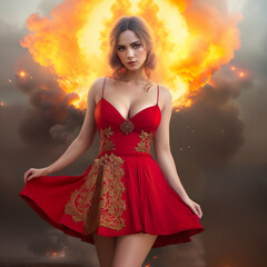 a woman in a red dress looks at the camera. explosion in the background. woman on the background of the explosion. Generative AI