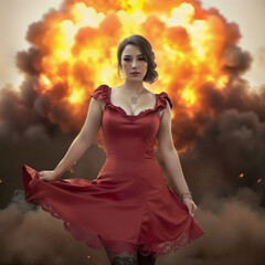 a woman in a red dress looks at the camera. explosion in the background. woman on the background of the explosion. Generative AI