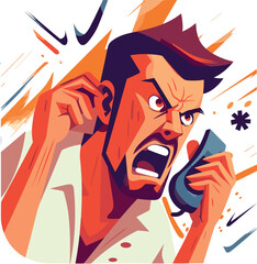 A person engaged in an aggressive phone conversation, displaying emotions of anger and irritation. Spam messages and calls