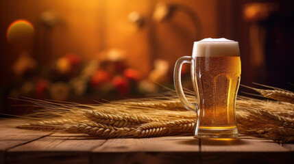 Banner for Happy Beer Day with mugs of fresh beverage. Generative AI