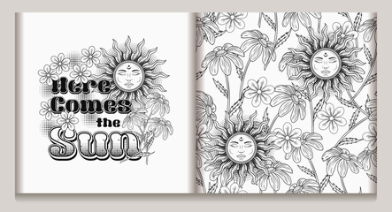 Summer black and white label, pattern with sun with face, chamomile, halftone, text. Positive, peaceful concept. Groovy, hippie retro style. For clothing, apparel, T-shirts, surface decoration
