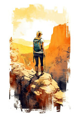 Fototapeta premium A woman with a backpack standing on top of a cliff. Generative AI.