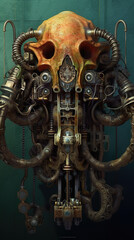 A large skull with a bunch of gears attached to it. Generative AI.