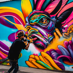 An Hispanic street artist meticulously creating a large-scale mural on a plain wall, transforming the urban landscape with vibrant colors and thought-provoking imagery, generative ai 