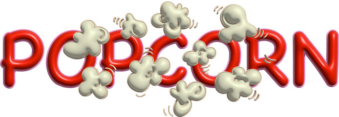 3d cartoon lettering popcorn with cute popcorns on transparent background  illustration design- 613871502
