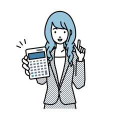 立って電卓を持ってこちらに向けて見せているスーツの女性