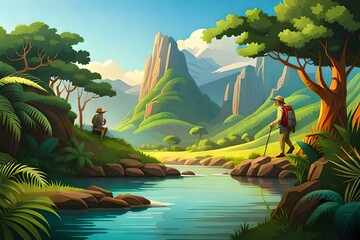 Fototapeta premium a cartoon image of an adventurous explorer trekking through a jungle filled with exotic animals like elephants, parrots, and snakes.