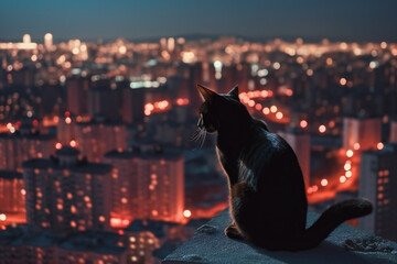 Feline Companion in the Night Skyline.