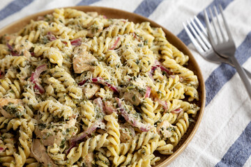 Homemade Creamy Lemon Butter Chicken Pasta on a Plate, side view. Close-up.