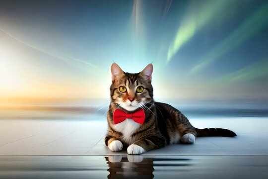 cartoon image of a mischievous cat wearing a bowtie and holding a fishbone - Generative AI Technology