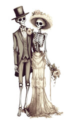 A couple of skeletons dressed up for a wedding. Generative AI.