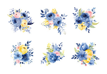 Watercolor yellow and blue flowers set, vintage vector