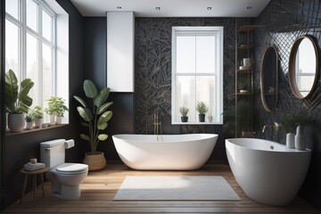 Naklejka na ściany i meble Interior of modern bathroom with gray and black walls, wooden floor, comfortable white bathtub standing near window with blurry cityscape. generative ai