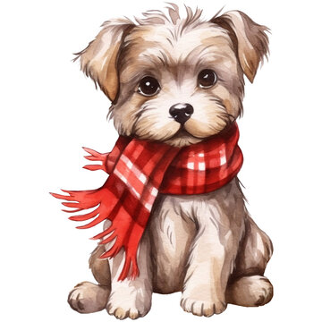 Cute puppy dog in scarf. Watercolor illustration AI Generative