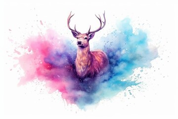 art deer in space . dreamlike background with deer . Hand Drawn Style illustration - obrazy, fototapety, plakaty