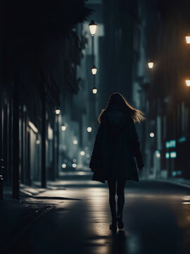 A girl walks down the street at night. Dark atmosphere, cinematic shot