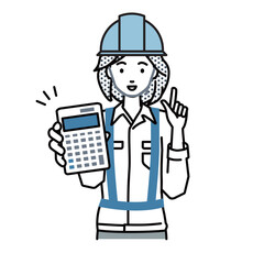 立って電卓を持ってこちらに向けて見せている工事現場の女性
