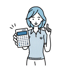 立って電卓を持ってこちらに向けて見せているポロシャツの女性