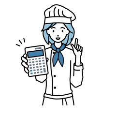 立って電卓を持ってこちらに向けて見せている調理師の女性