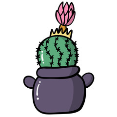 Single green cactus and pink flower in pot