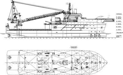 Vector sketch illustration of a rescue ship at sea with detailed goods interior