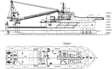 Vector sketch illustration of a rescue ship at sea with detailed goods interior