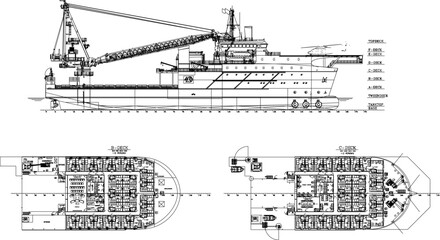 Vector sketch illustration of a rescue ship at sea with detailed goods interior