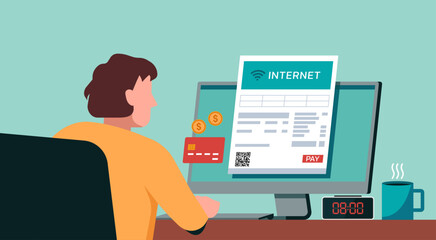 Fototapeta na wymiar Woman using credit card for internet online bill payment on desktop computer screen, vector flat illustration