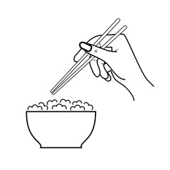 Bowl of rice and hand holding chopsticks flat design style on white background. Vector illustration EPS 10.