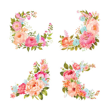 Watercolor pink flowers borders set. Vector vintage style. isolated and editable.